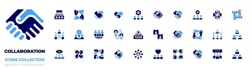 Collaboration icon collection. Bold style. Duotone colors. mediator, collaboration, deal, teamwork, world, sport, onboarding, idea, agreement, teambuilding