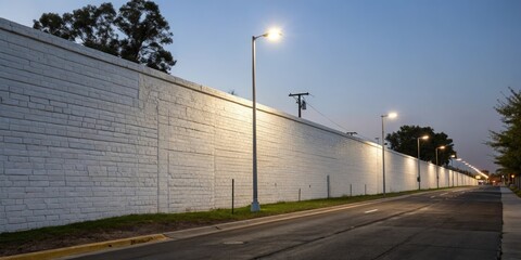 Obraz premium White brick wall with streetlights at dusk, shadows, urban landscape, cityscape, evening, lighting