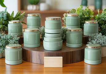 A collection of elegant green candles displayed on a wooden table, surrounded by lush greenery, creating a serene and calming atmosphere. Copy space for text