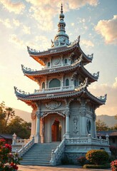White pagoda with intricate carvings and ornate details at sunset , architectural details, pagoda, white pagoda