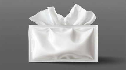 Wet wipes package mock up. Blank white plastic pack with tissues top and angle view. Vector 3d illustration of pouch with open cap and wet napkins isolated on transparent background. 3D Illustration