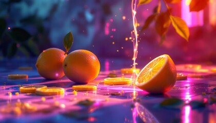 Vibrant Orange Slices Neon Fruit Photography