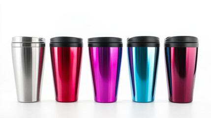 Tumbler cup set in metallic textures - silver and red, pink and blue, green. Identical vacuum flasks with secure black flip top lids. Insulated beverage containers for maintaining drink temperature.