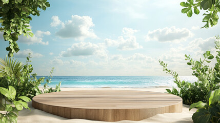 Fototapeta premium Wooden podium on summer beach background. Vector realistic illustration of round platform for product presentation, exotic plant leaves, rubber ring on sandy coast, blue sea water, sky with clouds