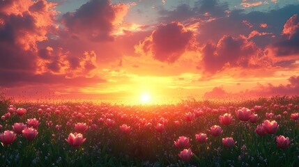Fototapeta premium An easter celebration banner idea image of a golden sunrise over a vibrant field of dew kissed tulips.