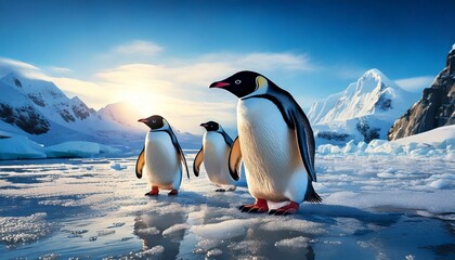 Obraz premium penguins waddling on a frozen Antarctic landscape 