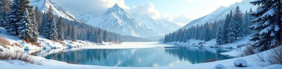 Fototapeta premium Winter landscape with a frozen pond and pine trees, forest, evergreen, frosty mountains