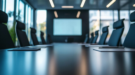 Boardroom for business meetings, conference and training in company office. Vector realistic interior of conference room with metal table, black chairs and big screen for presentation and video