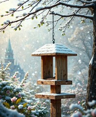 Naklejka premium Wooden feeder in a Hungarian garden amidst snowflakes, bird feeder, huangarian