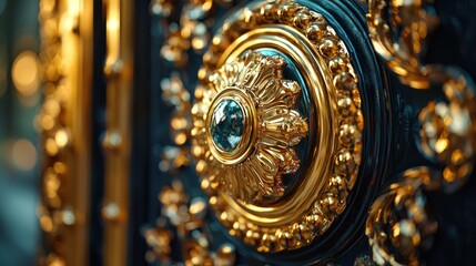 Obraz premium Gold ornate door detail, city background, luxury design