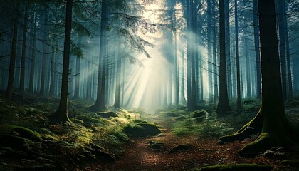 Obraz premium forest with light beams piercing through fog 