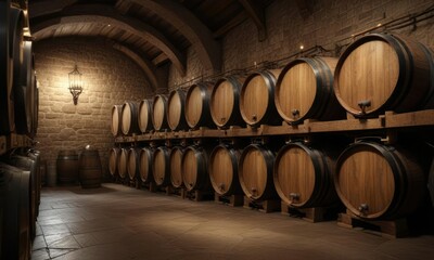 Wooden wine barrels in a dimly lit winery cellar, barrels, aging, cellar, storage
