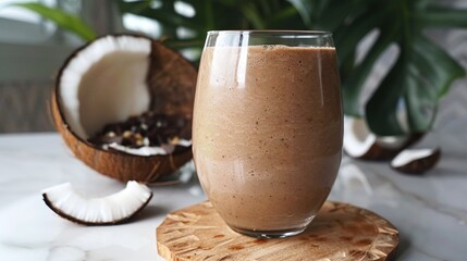 Refreshing and creamy coconut based smoothie with tropical fruit garnish served in a glass with a straw  The smoothie is a healthy protein rich