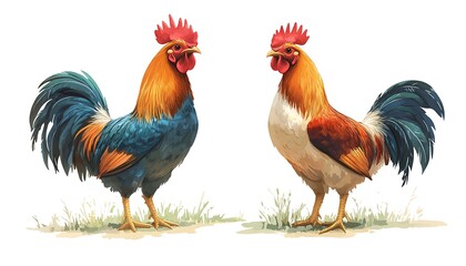 Fototapeta premium Two roosters facing each other, farm setting, illustration