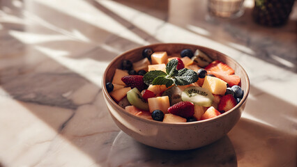 Fresh fruit salad preparation kitchen food photography bright natural light close-up healthy lifestyle