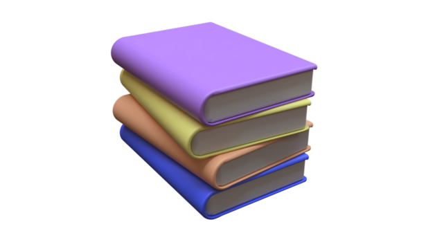 Stack of 4 books isolated 3d rendering, png transparent background.