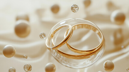 3d romantic composition with golden wedding bands behind glass circle on soft beige background with space for text. Metallic sphere elements float around rings for matrimonial invitation design.
