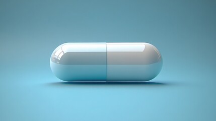 Shiny White Capsule Pill on Light Blue Background Medical Pharmacy Healthcare Concept