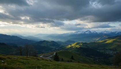 Naklejka premium Stunning Mountain Valley Landscape at Sunset with Dramatic Clouds
