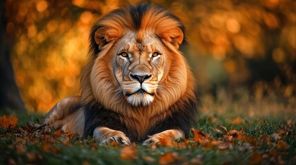 Fototapeta premium Majestic lion resting in autumn forest, golden light