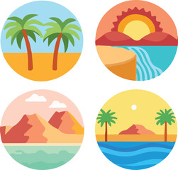 Scenic Nature and Landscape Icons | Tropical, Desert, and Beach Illustrations