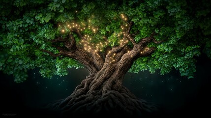 Enchanted tree glowing with magical lights in a serene forest setting at night