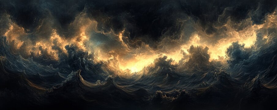Dramatic cloudscape; sunset breaks through dark storm, fantasy landscape, game background