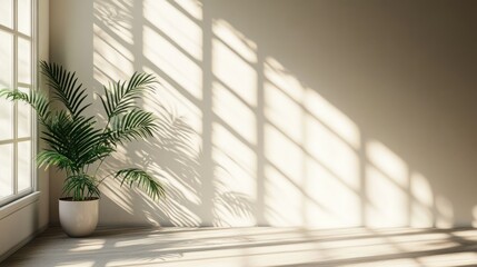 Sunlit room corner with potted plant.
