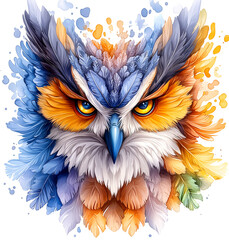 Obraz premium A colorful owl with a blue, orange, and yellow face. The owl has a very expressive look, with its eyes wide open and its beak pointed forward. The feathers on the owl's head are vibrant and colorful