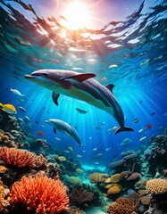 Fototapeta premium scene with playful dolphins and colorful fish 