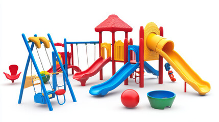 Kids playground equipment in park, kindergarten, school or home yard. Swing, slide, sandbox, seesaw, toys and ball isolated on white background, vector cartoon illustration