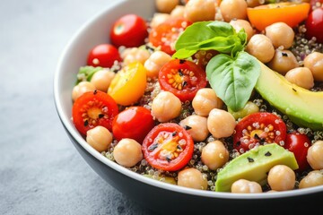 Healthy food concept. A vibrant salad bowl filled with chickpeas, cherry tomatoes, quinoa, avocado, and fresh basil, showcasing healthy and colorful ingredients.