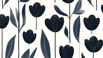 seamless background with black and white tulips flowers.