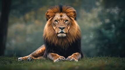 Naklejka premium Majestic male lion resting, savanna background, wildlife photography, nature documentary