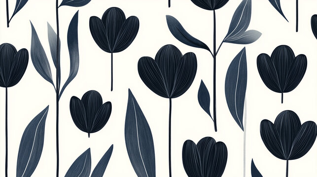 seamless background with black and white tulips flowers.