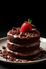 Decadent chocolate cake with strawberry gourmet dessert studio setting dark background close-up indulgent treats