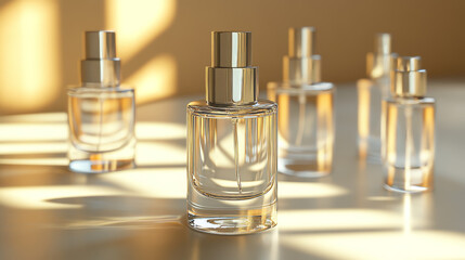 Naklejka premium Fragrance glass bottle mockups set - transparent rectangular containers with spray and solid caps. Premium perfume packaging templates with silver and gold finishes, light reflections on clear surface