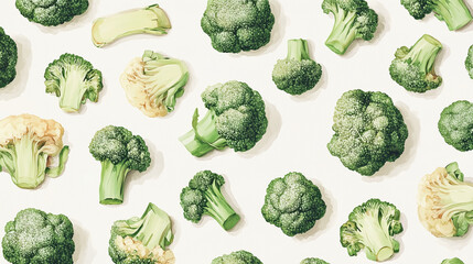 Broccoli pattern with watercolor painting. Set of vegetables isolated on white background. 