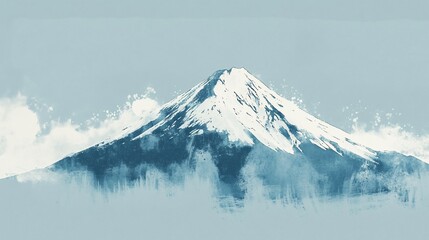 Watercolor painting of a majestic mountain with snow covered peak against blue sky