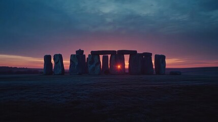 A slow transition from darkness to light as the sun rises over ancient rocks, with changing shadows and a sky changing from deep blue to warm oranges and pinks.