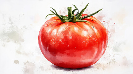 Red tomato with water drops in watercolor painting style.