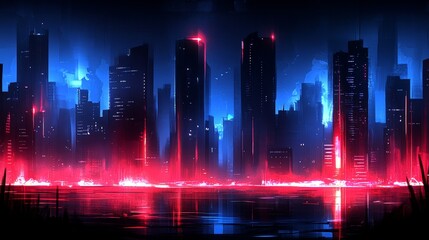 Neon Cityscape Nightscape Futuristic Urban Metropolis Digital Art Red Blue Glowing Lights