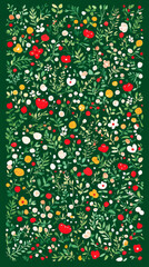 Colorful floral pattern with red, yellow, and white flowers on green background