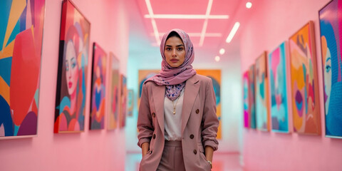 Obraz premium Beautiful muslim woman isolated against a city background business woman smiling in front of an office buildings. Young woman wearing a hijab. generative AI