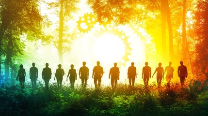 Fototapeta premium Silhouetted Figures Walking Through a Vibrant Sunlit Forest Path
