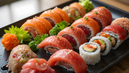 Sushi platter display japanese cuisine restaurant food photography elegant setting close-up view culinary art