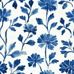 seamless blue floral pattern with watercolor painting.