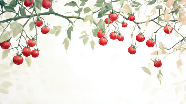 red tomatoes on a branch with frame in natural style.