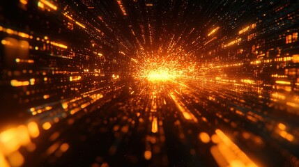 Naklejka premium Golden light streaks, cosmic tunnel, energy burst, abstract background, science fiction