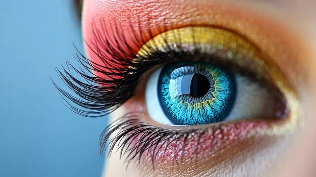 Bright color eye makeup showcases creativity and artistry in a close-up view of vibrant hues and dramatic lashes